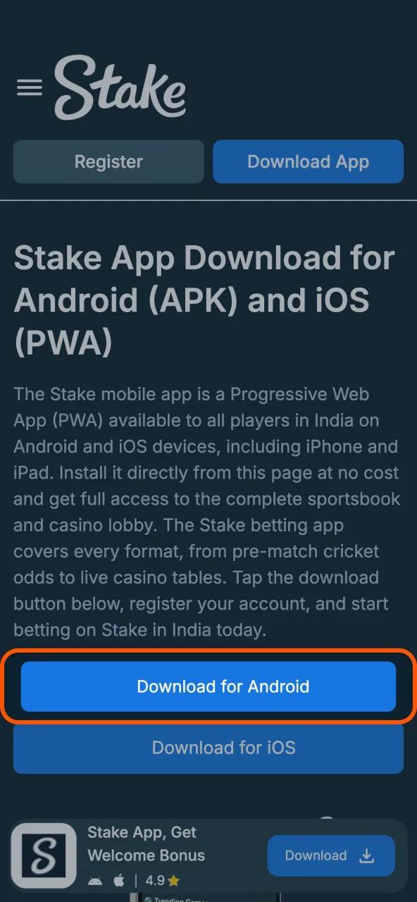 Tap to download Stake APK instantly.