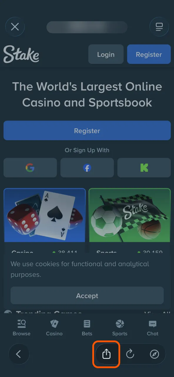 Stake iOS app saved via Safari Share option.