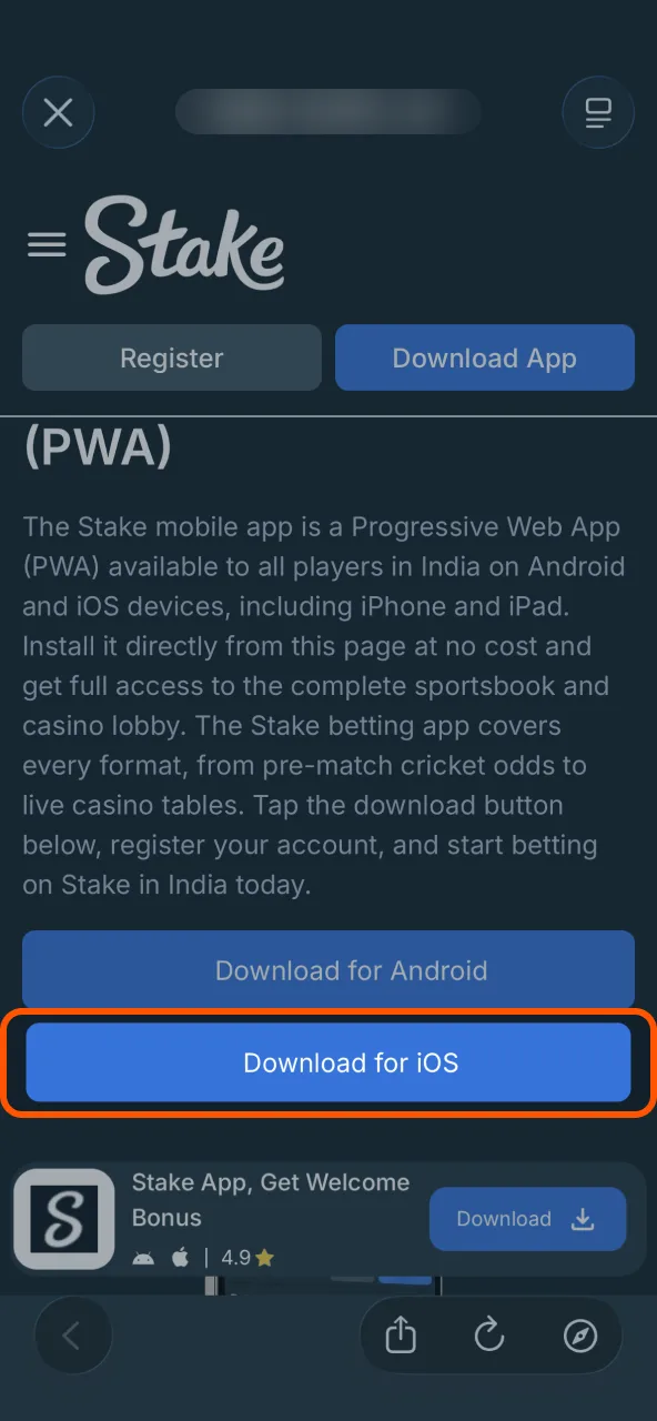 Stake iOS installation starts after tapping button.