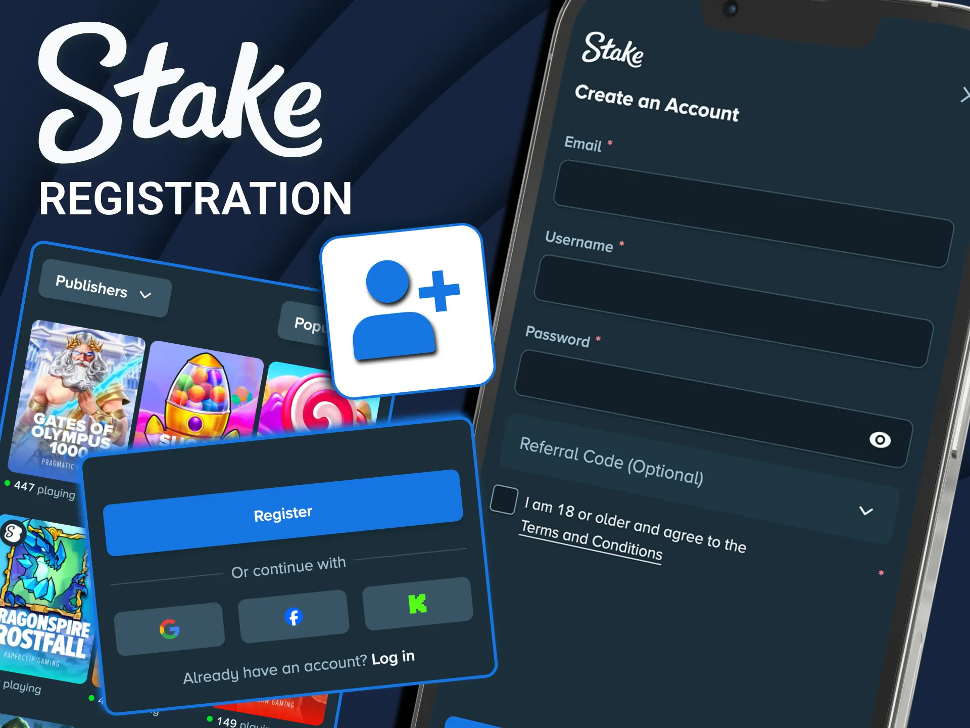 Stake mobile sign-up unlocks betting and bonuses.