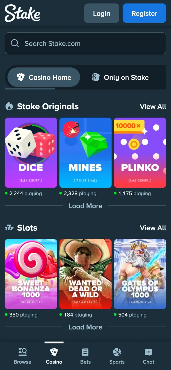 Stake India casino section overview.