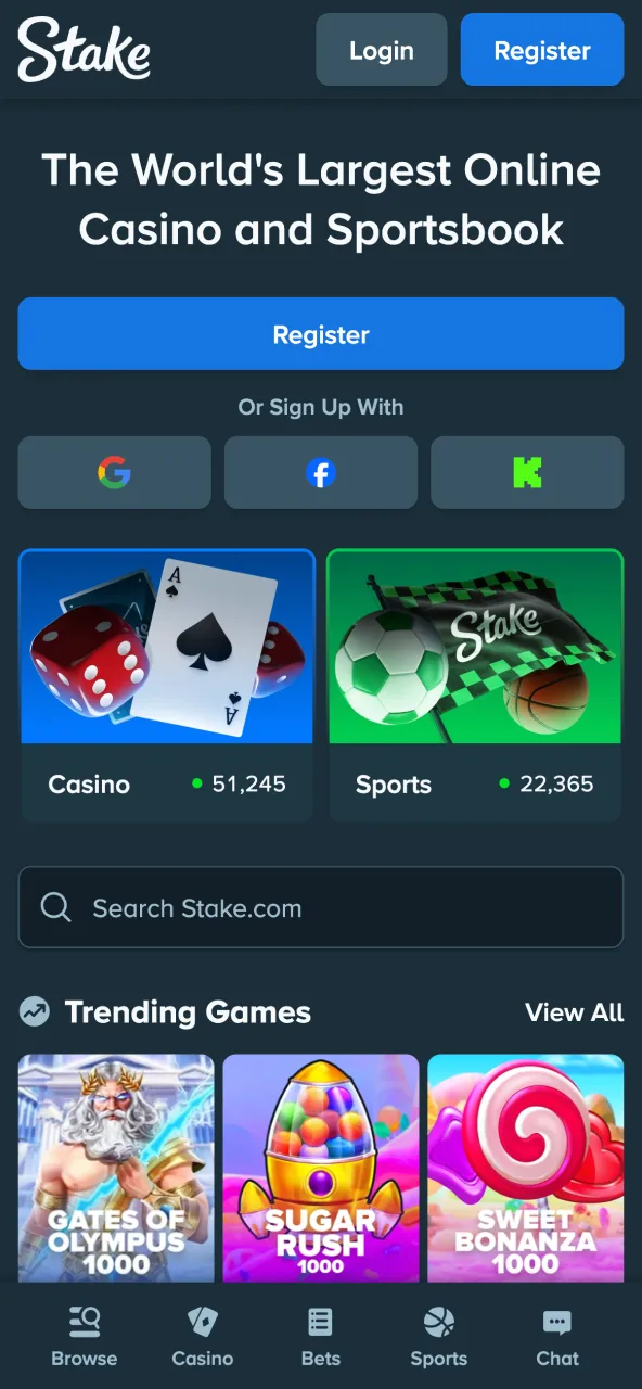 Main Stake lobby shows betting and casino.