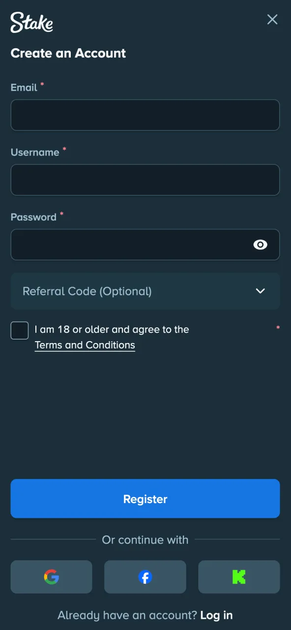 Register on Stake app via sign-up form.
