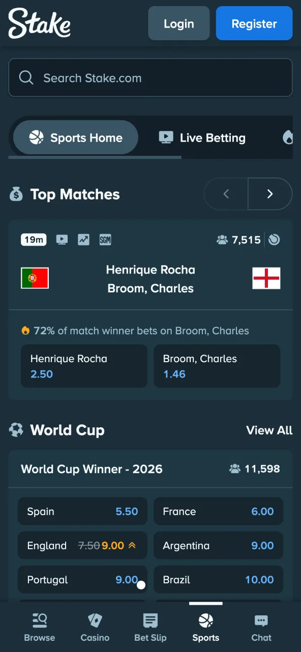 Sports betting section in Stake app.