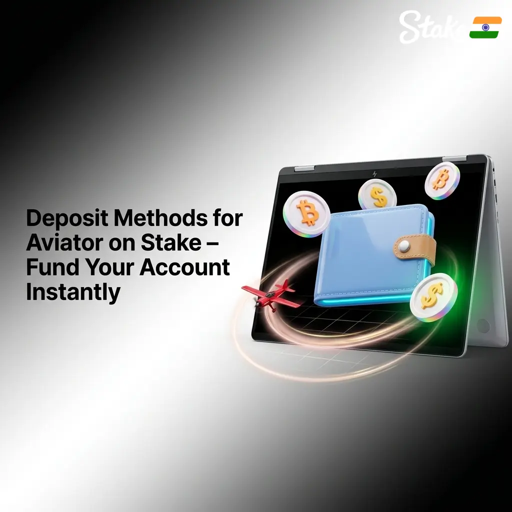 Stake Aviator deposit methods showing supported cryptocurrencies like BTC, ETH, USDT, SOL and DOGE for instant funding