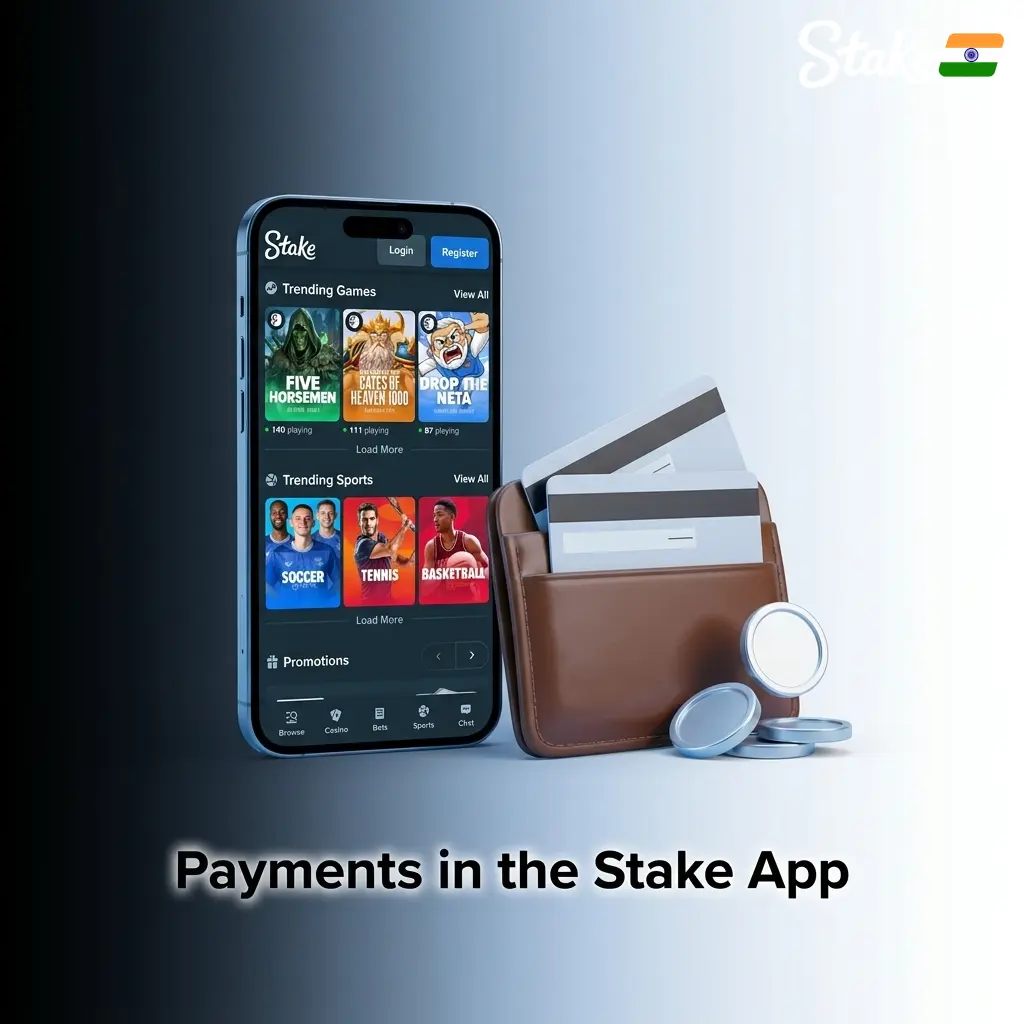 Stake app crypto payment methods including BTC ETH LTC USDT SOL with blockchain security for Indian players