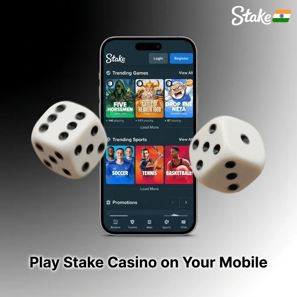 Stake Casino mobile app interface showing slots, live casino, table games and game shows for Indian players