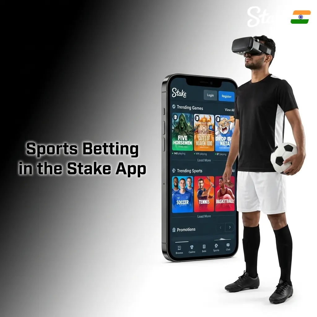 Stake app sports betting interface showing cricket, soccer, tennis, basketball, MMA and eSports options for Indian players