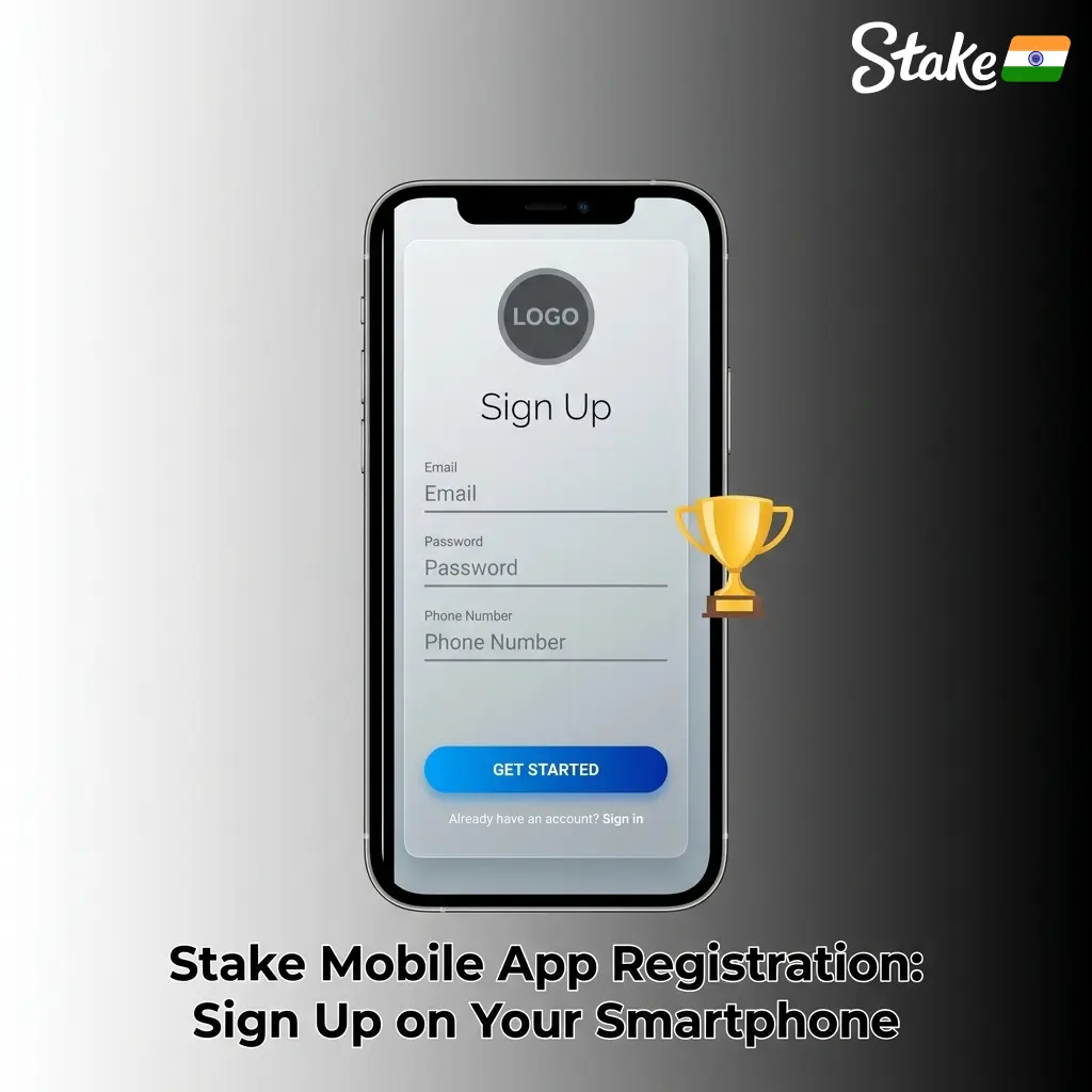 Stake mobile app registration screen showing sign-up options on a touch-optimised smartphone interface for Android and iOS