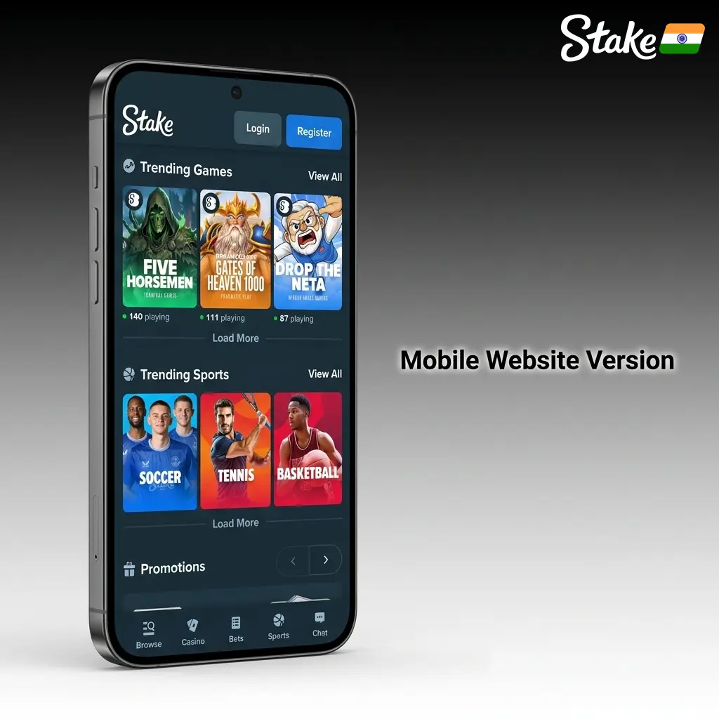 Stake mobile website interface showing full sportsbook and casino access from any mobile browser without installation